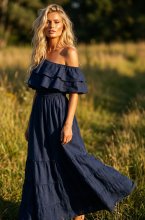 Blond Hour - Aria Linen Offshoulder Maxi dress - Navy