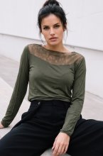 Mixed Brands - Cashmere blend top with lace R17106 - Khaki