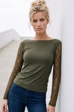 Mixed Brands - Cashmere mix top with lace sleeve R17107 - Khaki