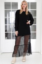 Mixed Brands - Lace Trimmed Sweatshirt Dress 2669 - Black