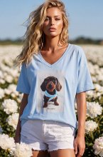 Mixed Brands - Tshirt Vneck Sausage Dog with Scarf 6712 - Blue