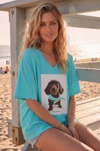 Mixed Brands - Tshirt Vneck Sausage Dog with Scarf 6712 - Turquoise