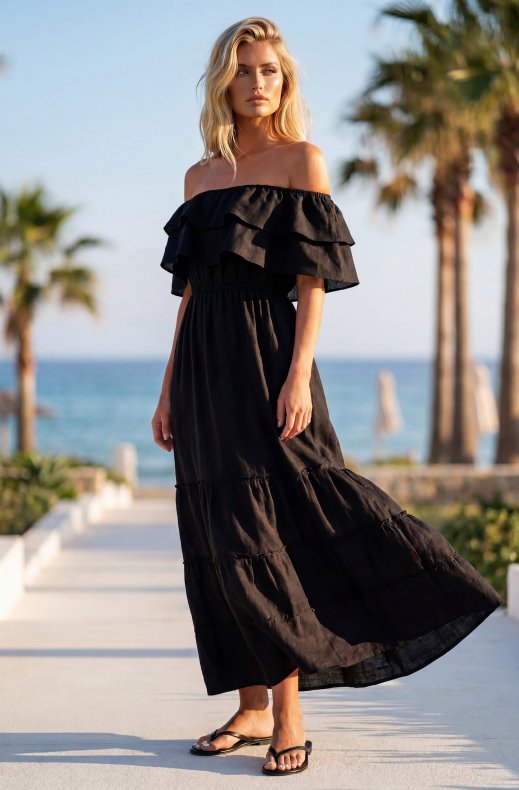 Blond Hour - Aria Linen Offshoulder Maxi dress - Black
