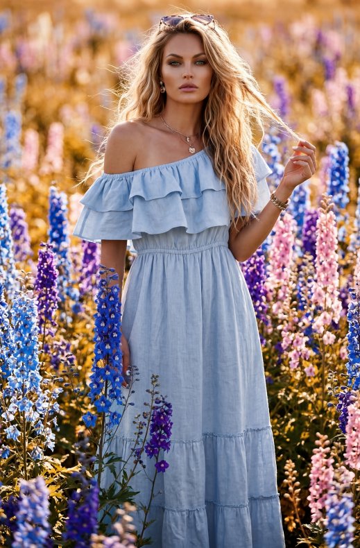 Blond Hour - Aria Linen Offshoulder Maxi dress - Sky Blue