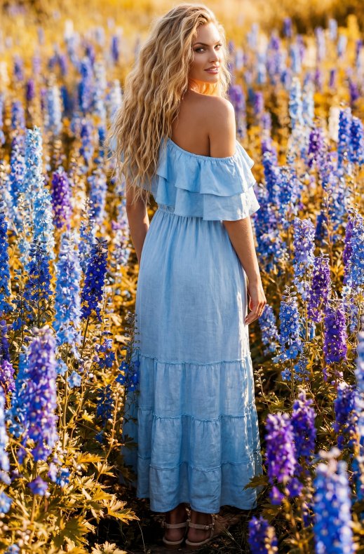 Blond Hour - Aria Linen Offshoulder Maxi dress - Sky Blue