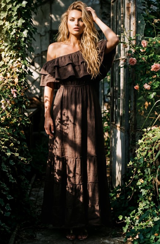 Blond Hour - Aria Linen Offshoulder Maxi dress - Chocolate