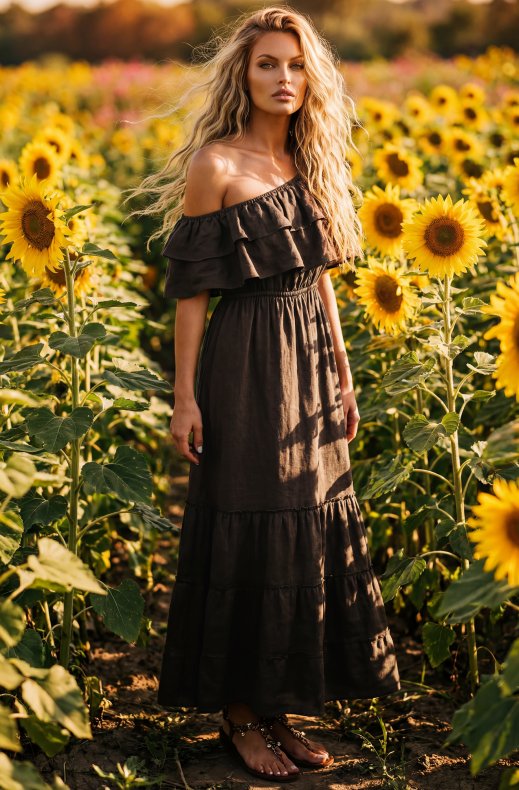 Blond Hour - Aria Linen Offshoulder Maxi dress - Chocolate