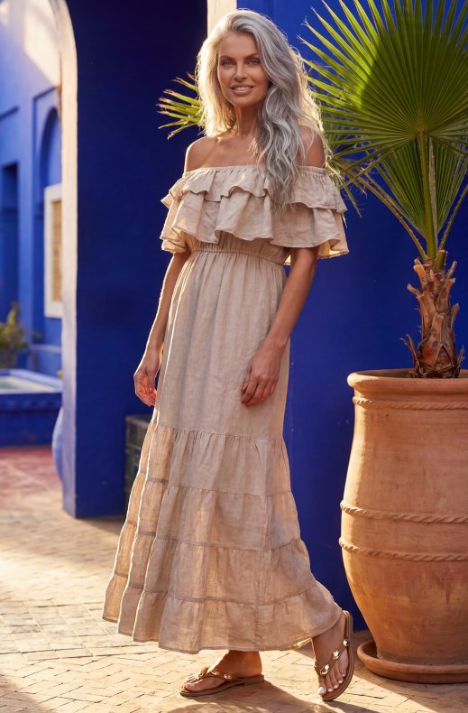 Blond Hour - Aria Linen Offshoulder Maxi dress - Beige