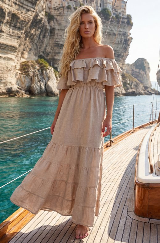 Blond Hour - Aria Linen Offshoulder Maxi dress - Beige