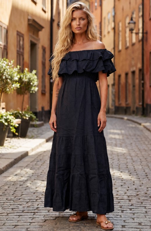 Blond Hour - Aria Linen Offshoulder Maxi dress - Navy