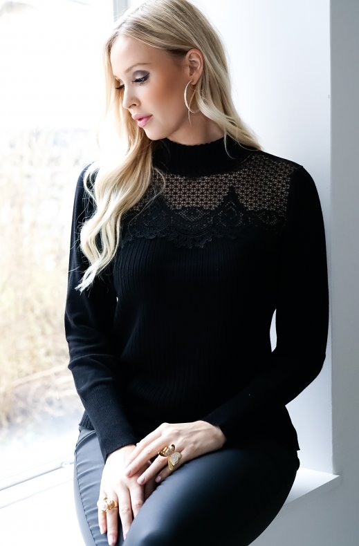 Freequent - Katie Pullover with Lace Black