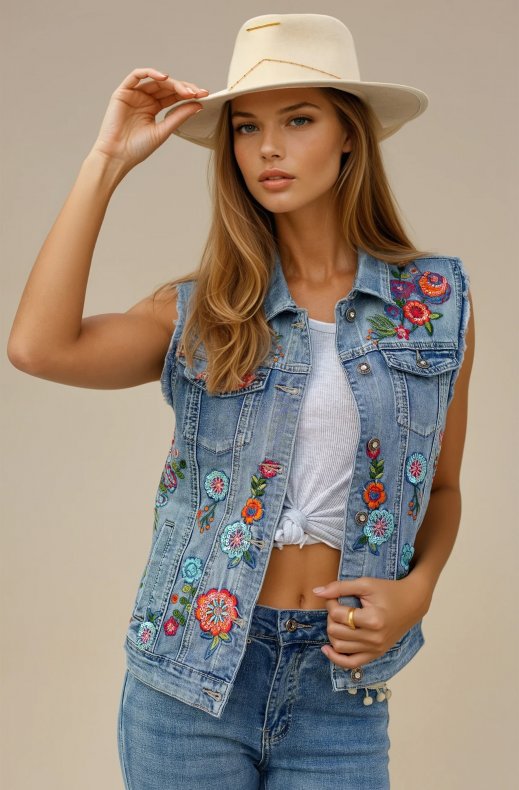 Mixed Brands - Embroidered jeans Vest DC417 - Blue