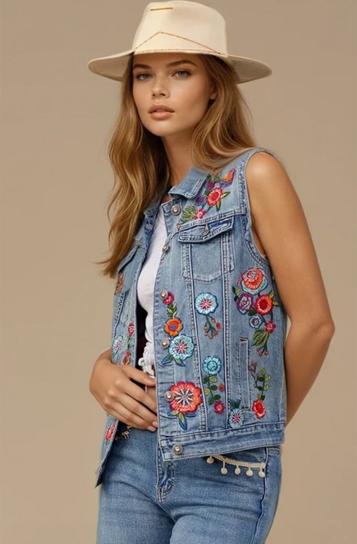 Mixed Brands - Embroidered jeans Vest DC417 - Blue