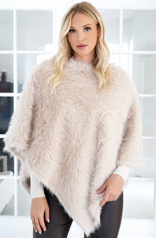 Mixed Brands - Asymmetrical crew neck faux fur Poncho 0498 - Beige