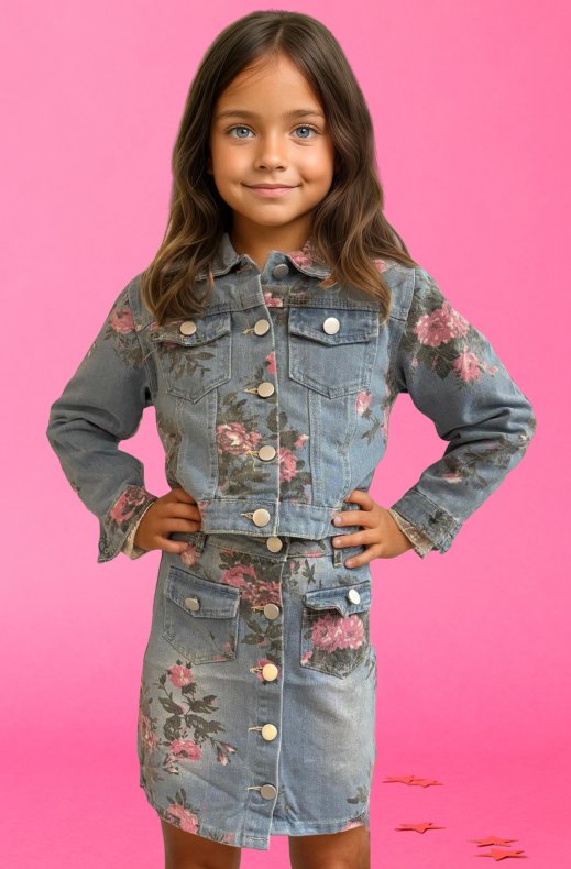 Mixed Brands Kids - Denim jacket and skirt set Floral 24001 - Denim