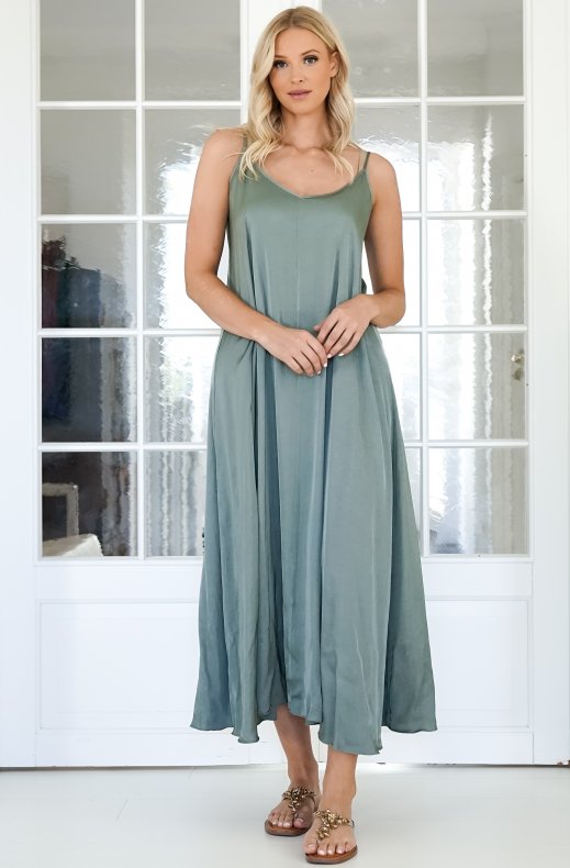Mixed Brands - Long V-neck Dress - MilitaryGreen