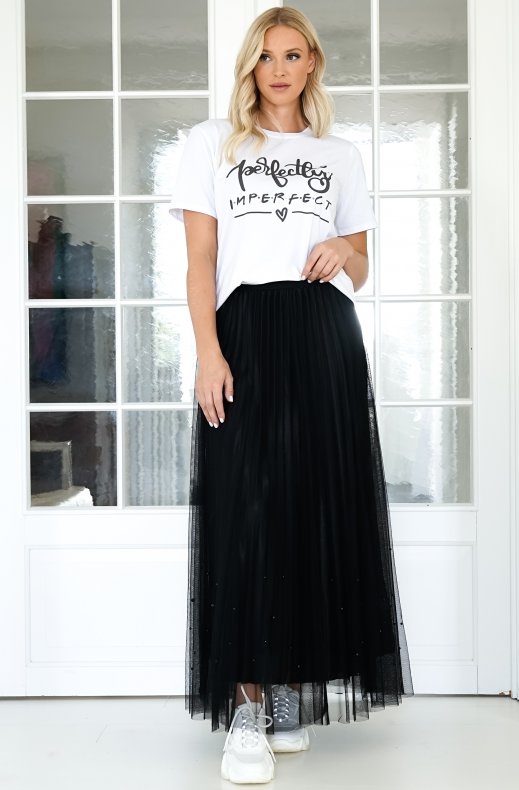 Mixed Brands - Pleated Tulle maxi Skirt with Pearls - Black