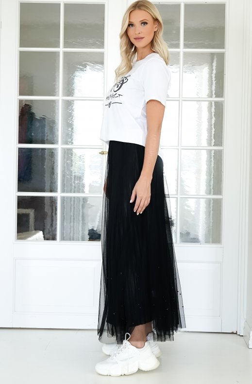 Mixed Brands - Pleated Tulle maxi Skirt with Pearls - Black