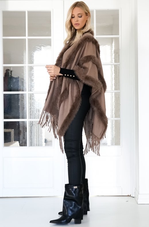 Mixed Brands - Poncho with fake fur details F40795 - Taupe