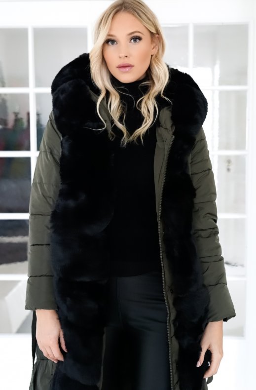 Mixed Brands - Long Puffer Coat with Faux fur trim 23069 - Dark Olive