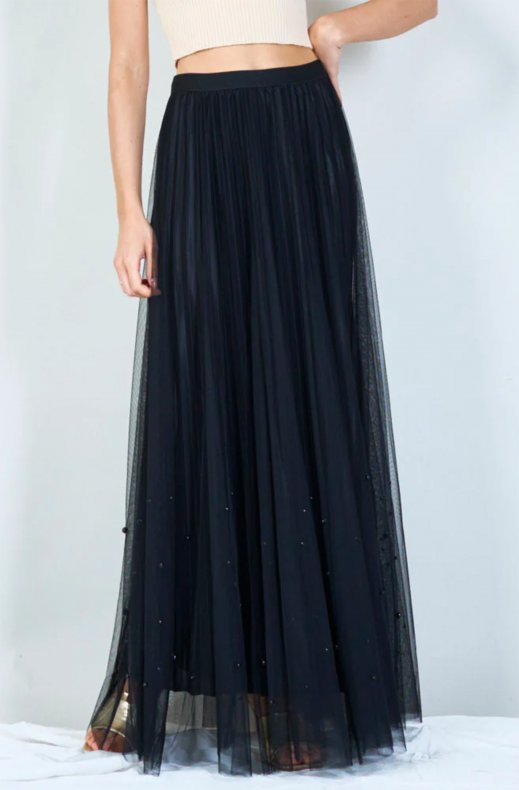 Mixed Brands - Pleated Tulle maxi Skirt with Pearls - Black
