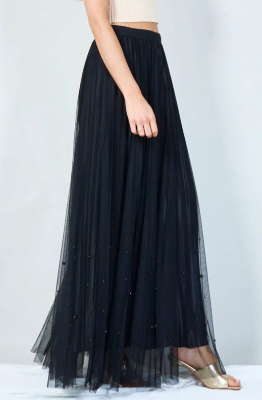 Mixed Brands - Pleated Tulle maxi Skirt with Pearls - Black