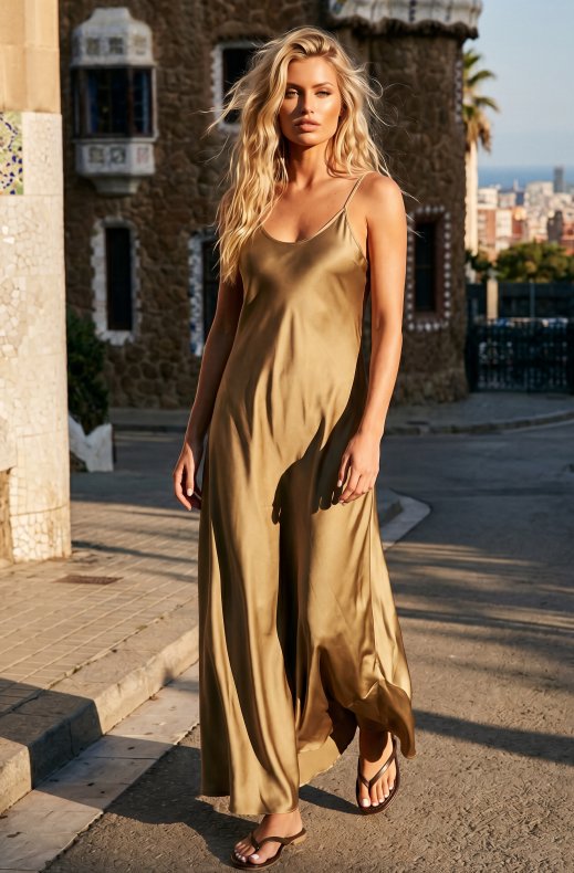 Mixed Brands - Long Satin Dress 13133BC - Camel