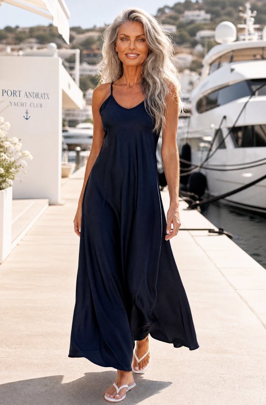 Mixed Brands - Long Satin Dress 13133BC - Navy