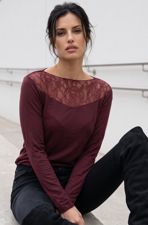 Mixed Brands - Cashmere blend top with lace R17106 - Bordeaux