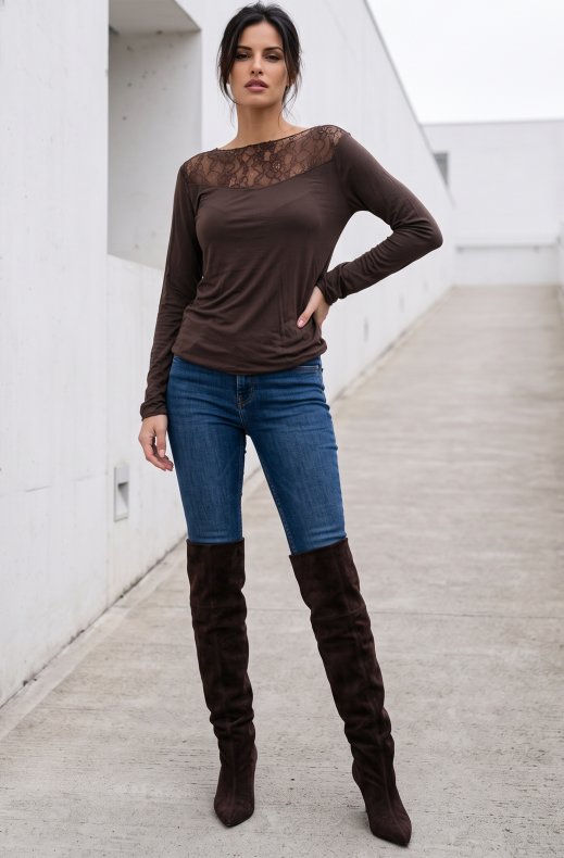 Mixed Brands - Cashmere blend top with lace R17106 - Brown