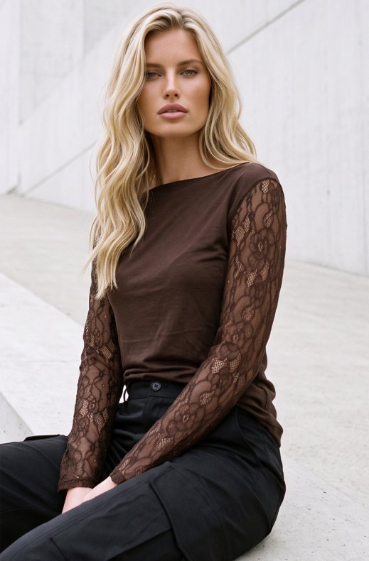 Mixed Brands - Cashmere mix top with lace sleeve R17107 - Brown