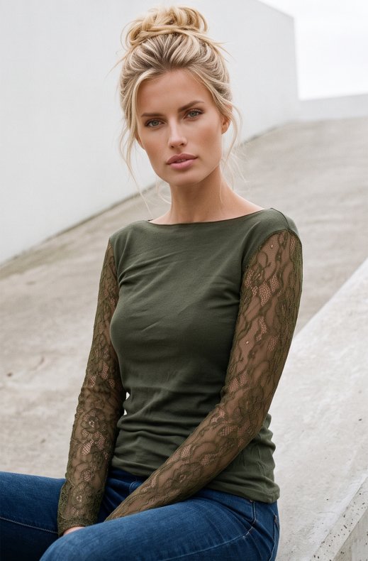 Mixed Brands - Cashmere mix top with lace sleeve R17107 - Khaki