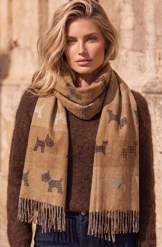 Mixed Brands - Scarf with Dogs RE-SQ04 - Camel