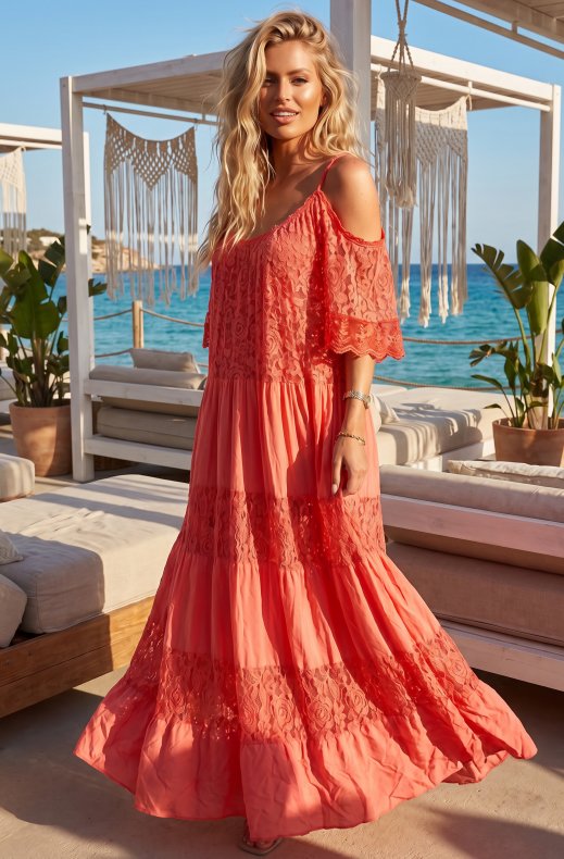 Mixed Brands - Maxidress with Lace 1015B - Coral