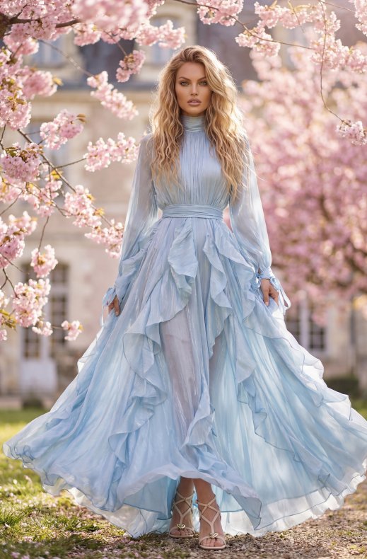 Mixed Brands - Maxi Dress with Frills 12005 - Blue