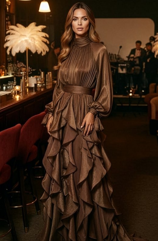 Mixed Brands - Maxi Dress with Frills 12005 - Brown