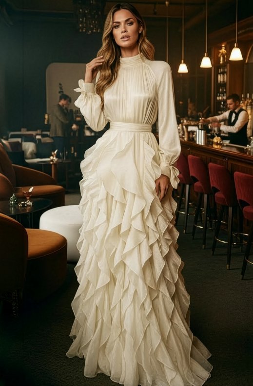 Mixed Brands - Maxi Dress with Frills 12005 - Beige