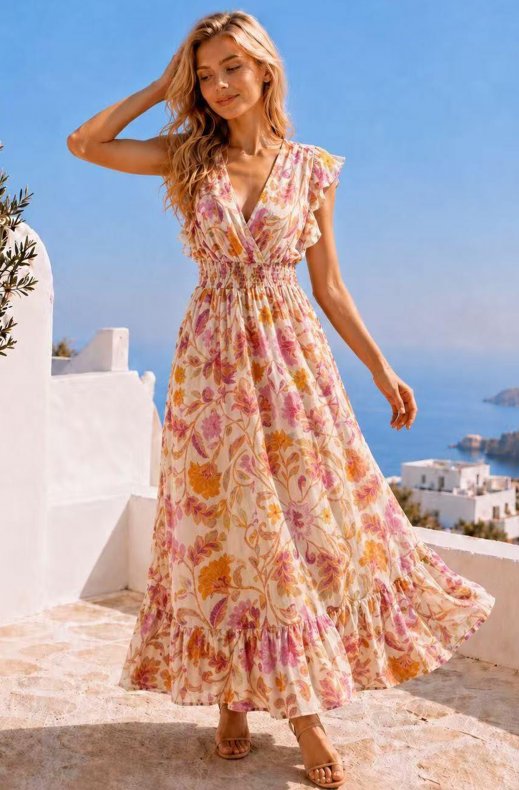 Mixed Brands - Long Printed Dress 2317 - Apricot