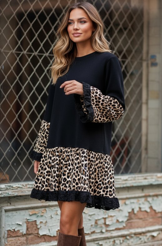 Mixed Brands - Dress 2532 with leopard and lace - Black