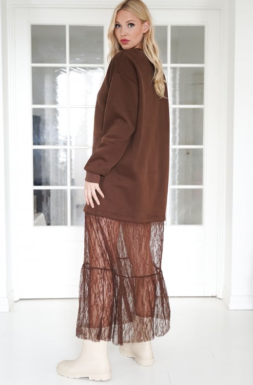 Mixed Brands - Lace Trimmed Sweatshirt Dress 2669 - Brown