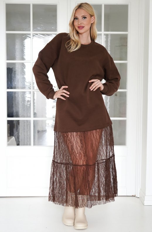 Mixed Brands - Lace Trimmed Sweatshirt Dress 2669 - Brown