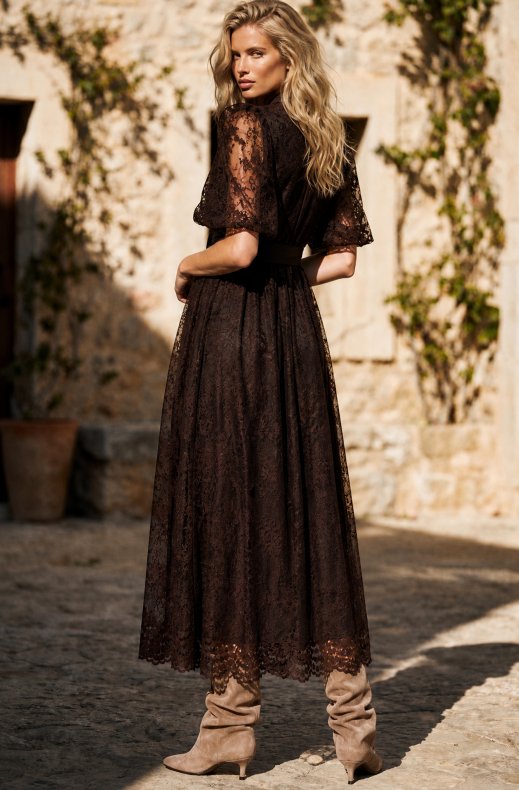 Mixed Brands - Lace Dress with puff sleeve 27535 - Coffee