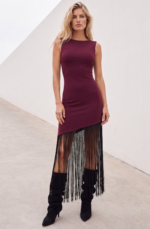 Mixed Brands - Fringe Dress C47243 - Burgundy