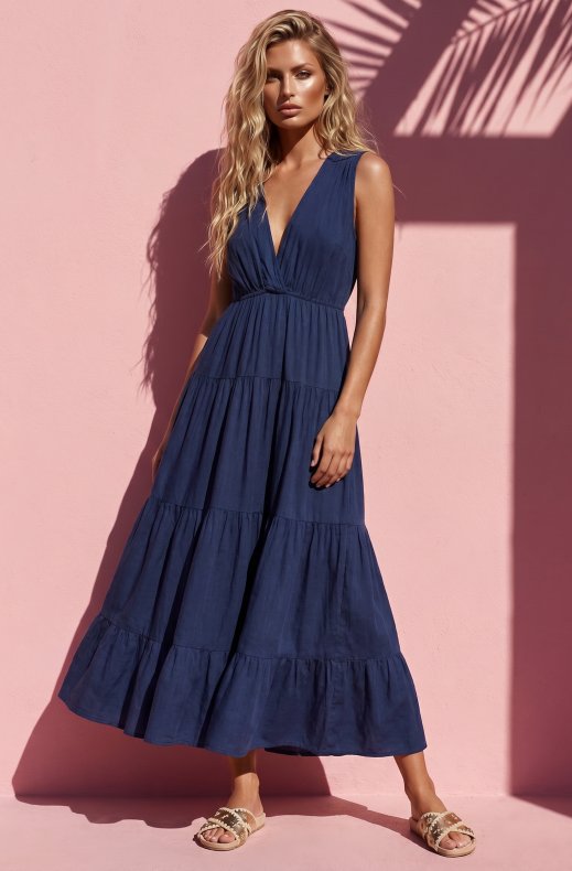 Mixed Brands - V-neck Maxi Dress FL9303 - Navy