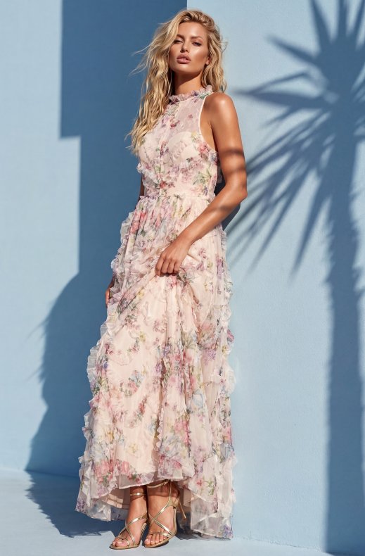 Mixed Brands - Romantic Dress with Flowers A9044 - Beige