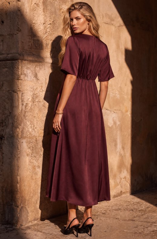 Mixed Brands - Satin Wrap Dress D28735 - Burgundy