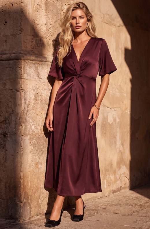 Mixed Brands - Satin Wrap Dress D28735 - Burgundy