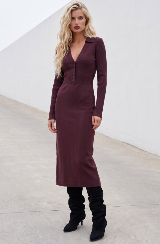 Mixed Brands - V-neck Dress with Collar QT91065 - Plum