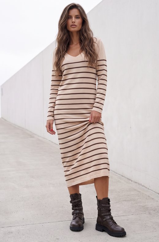 Mixed Brands - V-neck Dress with Stripes WL080110 - Taupe