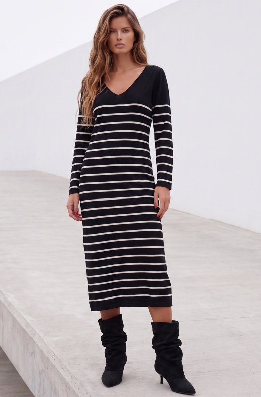 Mixed Brands - V-neck Dress with Stripes WL080110 - Black
